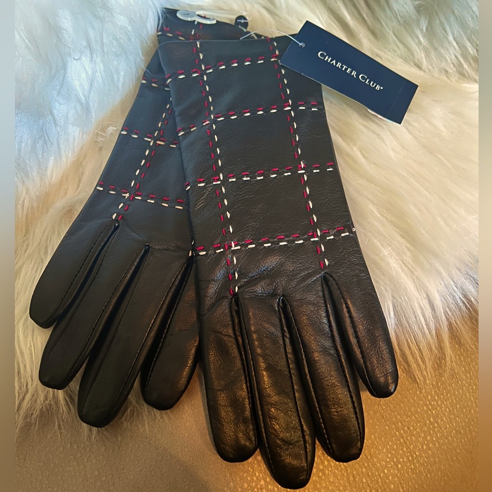 Charter Club Plaid Topstitch Womens Leather Gloves Black